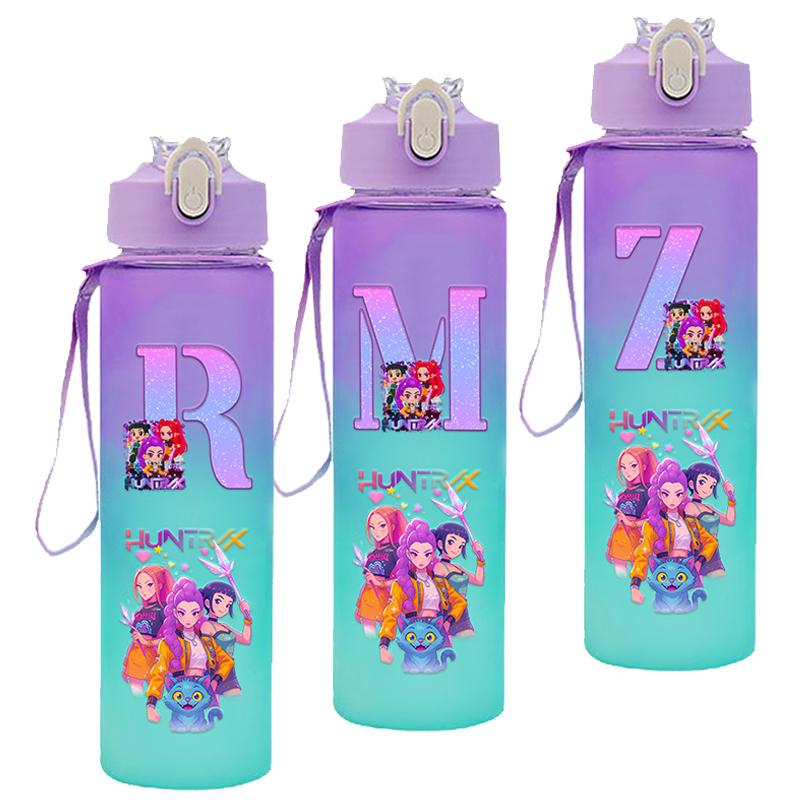 High Quality KPop Demon Hunters Gradient Water Bottles 750ml Movie Girl Letter A-Z Straw Drink Cups Portable High-capacity Outdoor Bottle