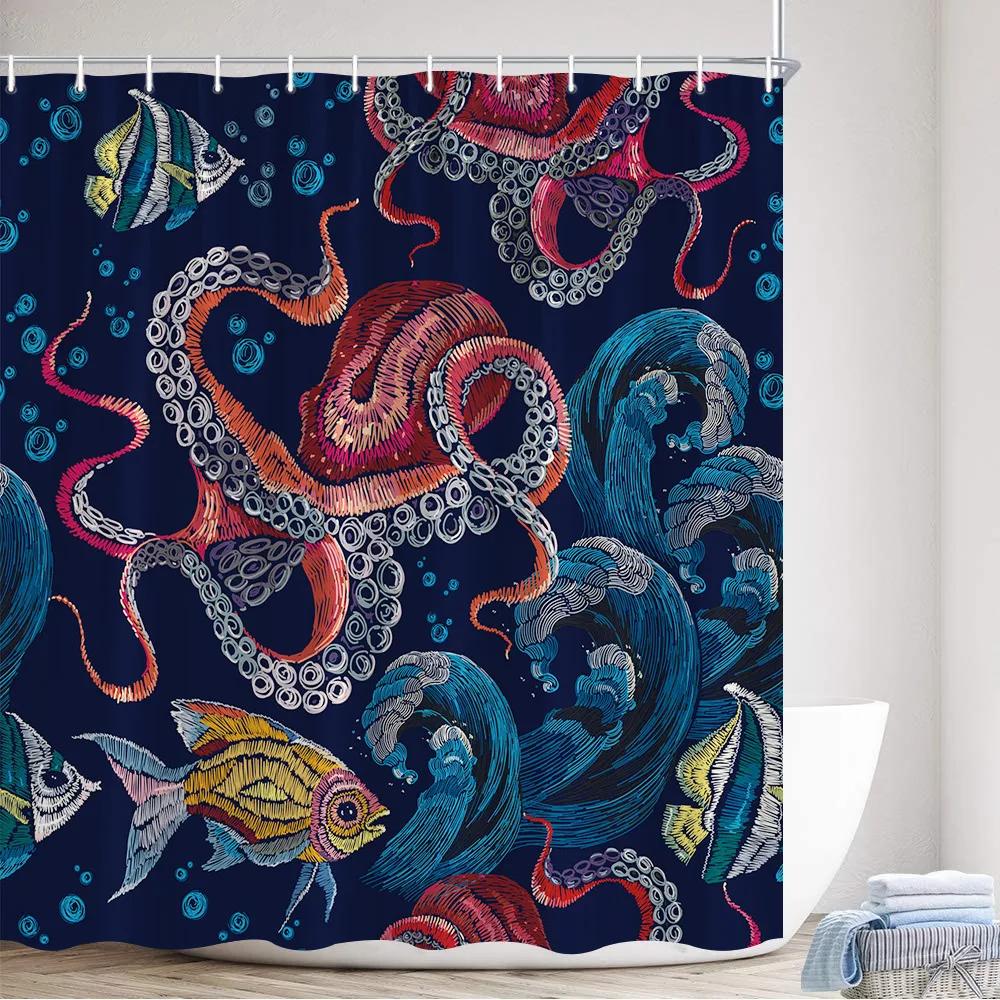 Octopus Sea Turtle Shower Curtain Watercolor Animal Dolphin Tropical Fish Coral Underwater Landscape Curtains Bathroom Decor Set