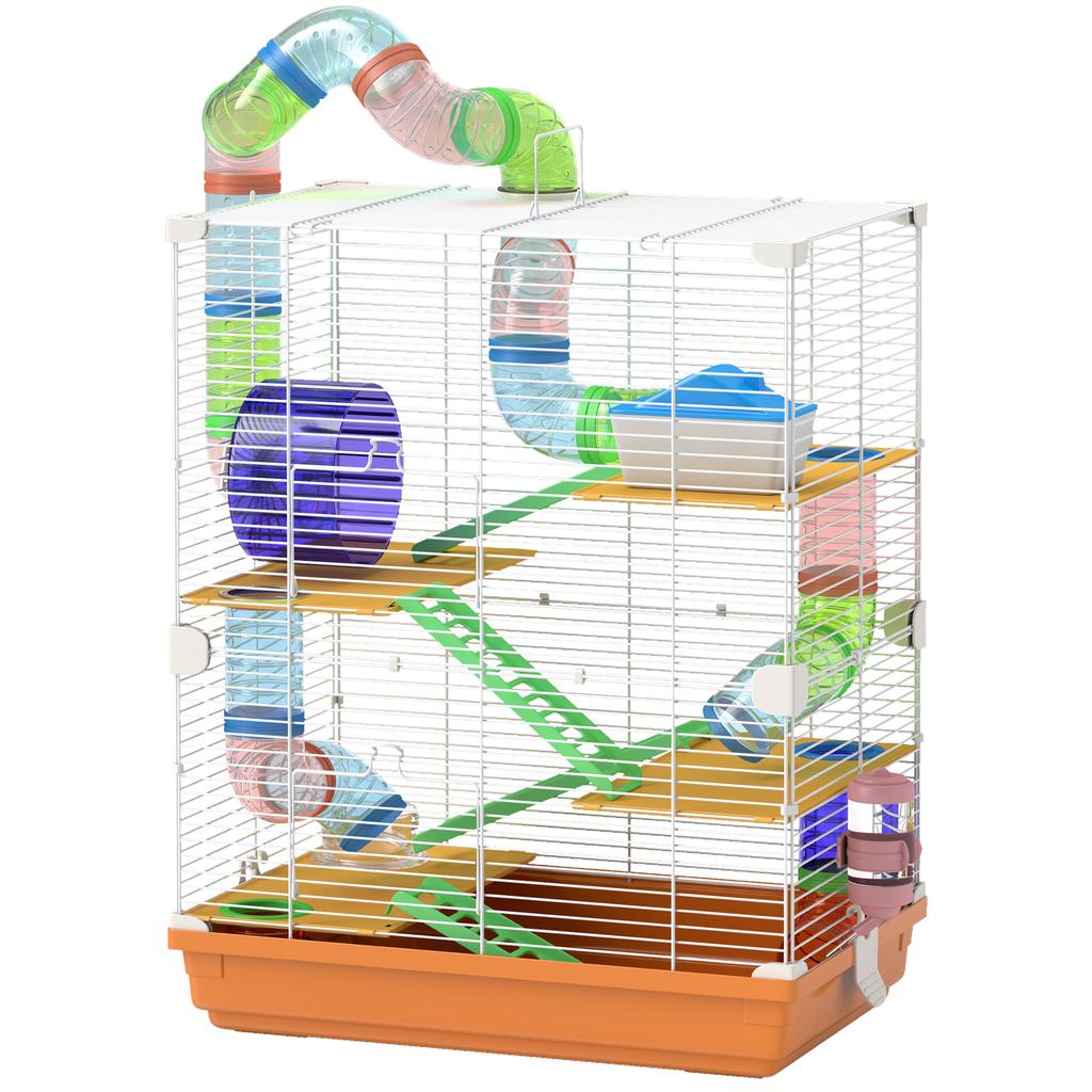 5-Tier Hamster Cage with Tubes, Wheel, Ladders, House and Bottle, 46x30x58 cm, Orange