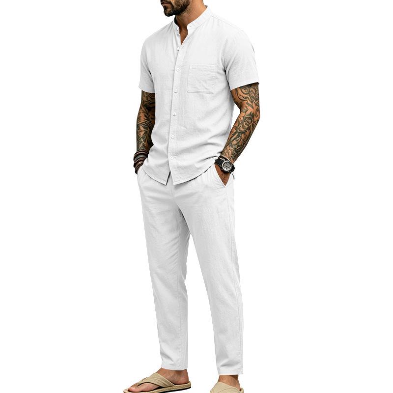 Men's Linen Short-Sleeve Henley Shirt & Long Pants Casual Sportswear Set