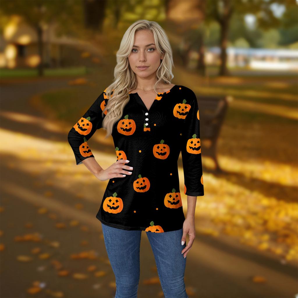 Women's T Shirt Tee Print Button 3/4 Sleeve Daily Weekend Fashion Basic V- Neck Regular Top