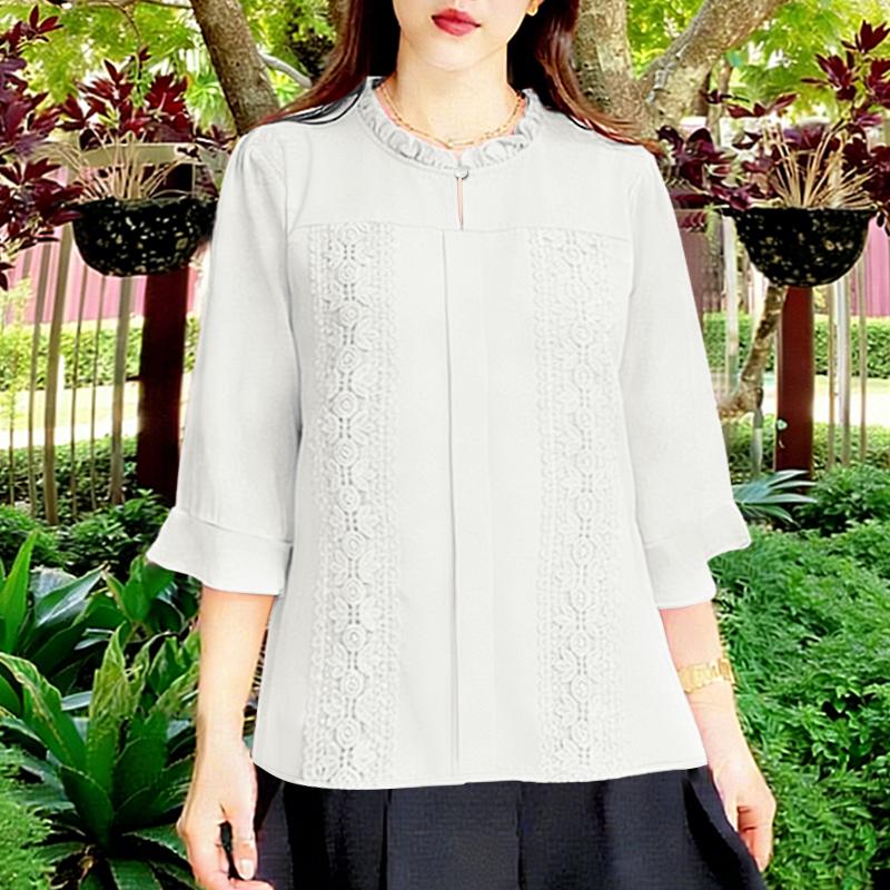 ZANZEA Women Casual Round Neck Loose 3/4 Sleeve Patchwork Blouse S белый