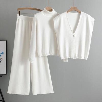 Conjunto Casual Feminino de Primavera e Outono Suéter Gola Alta da Moda Cardigã Colete Calças de Perna Larga Conjunto Tricotado de Três Peças