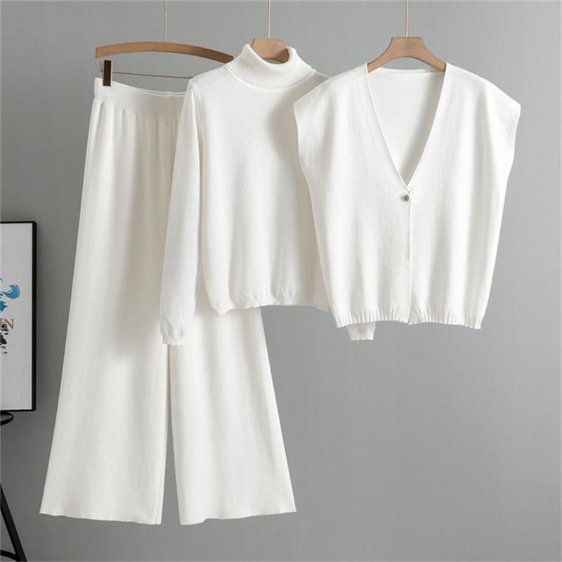 

Жіночий весняно-осінній повсякденний костюм Модний светр з високою горловиною, кардиган, жилет, штани широкі, в язаний набір з трьох предметів One Size білий