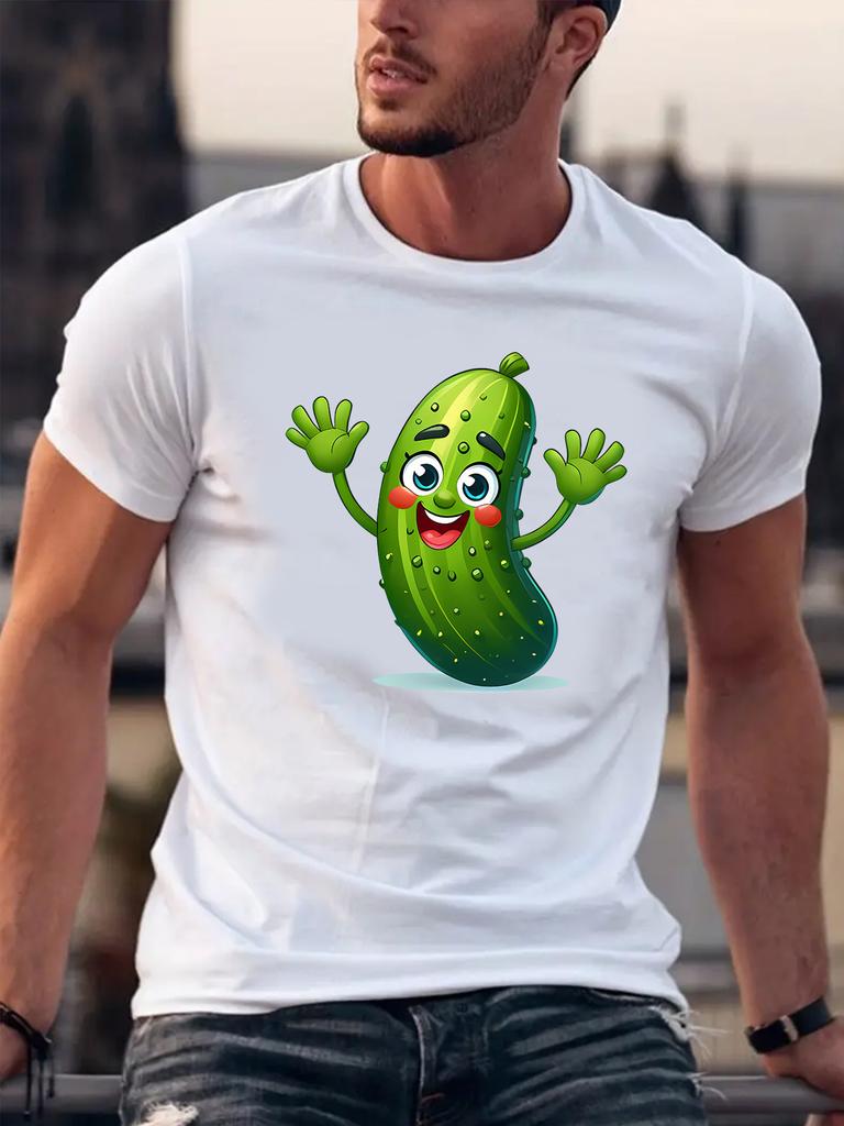 Unisex Beige Tee Happy Cartoon Cucumber Cute Vegetable Graphic Print Crew Neck Short Sleeve Summer Casual Male Cotton Street Top