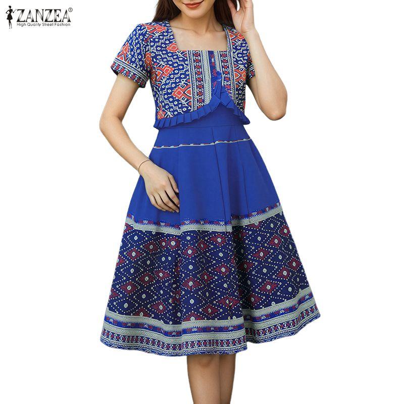 ZANZEA Women Casual Square Collar Short Sleeve Retro Print A-Line Dress