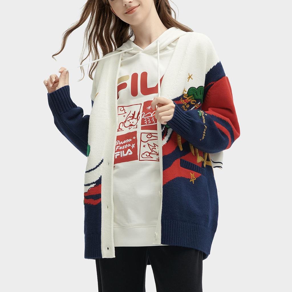 Fila Dragon Series Color Block Letter Cartoon Print Open-Front Long Sleeve Sweater Women Sweater Cloud-White F11W419408F-WT