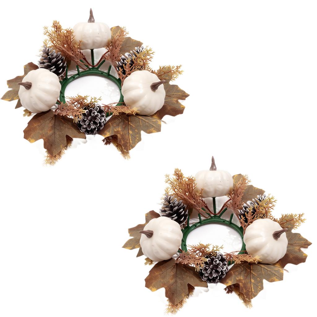 2-Pack Artificial Fall Wreath with Maple Leaves, Pinecones, Pumpkins and Candle Picks for Halloween Thanksgiving Home Front Door Decor