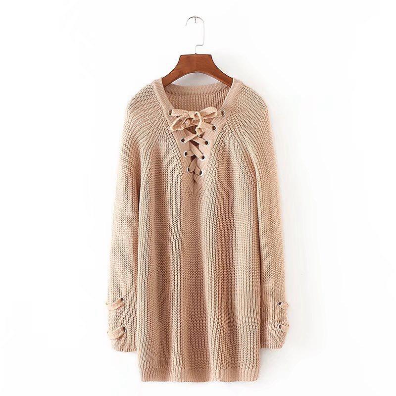 

Осенняя мода Зимние женские пуловеры Повседневный V-образный вырез Лента Длинный рукав свитера Tag XL=US M хаки