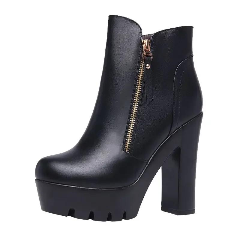 13cm Small Size 32-43 British Style Block High Heels Boots Platform Shoes 2025 Winter Thick Bottom Plush Ankle Boots Model Mom
