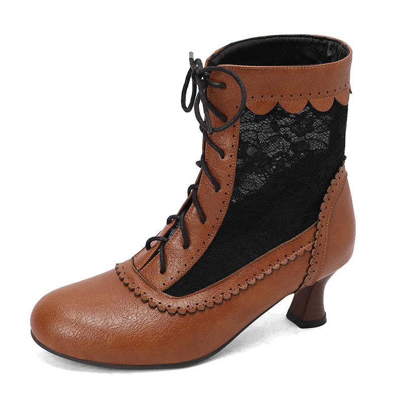 Fashion 2025 New Lace Up Hollow Mesh Victorian Ladies High Heel Shoes Strange Steampunk Boot Ankle Boots Women Thick Soled Short Boots