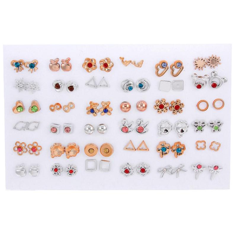 36Pairs Mixed Earrings Crystal Rhinestone Bear Butterfly Bowknot Flower Heart Stud Earrings