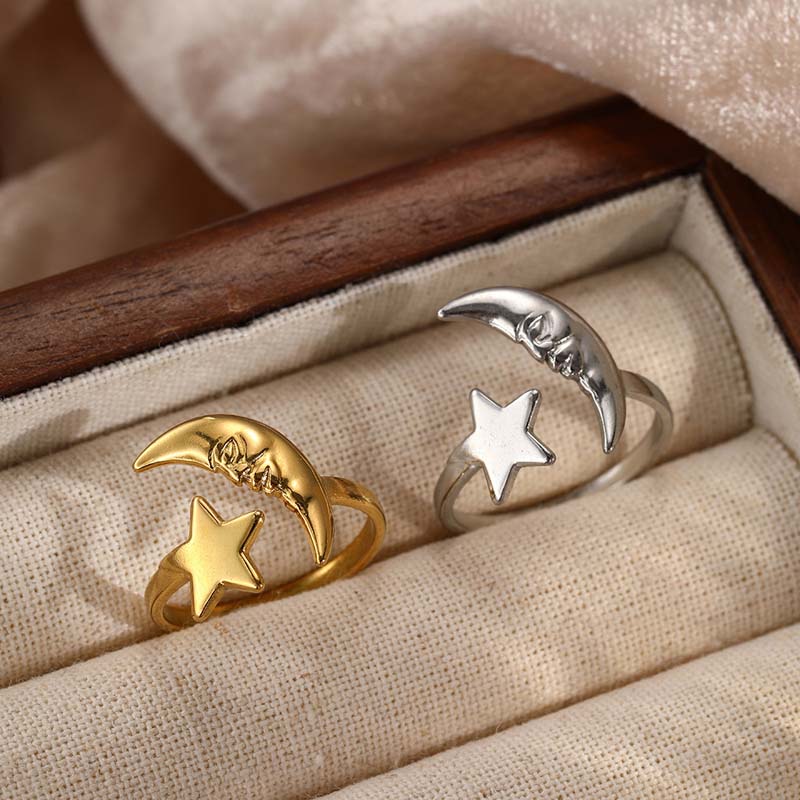 Stainless Steel Gold Color Star Moon Open Rings for Women Minimalist Metal Geometric Adjustable Ring Waterproof Jewelry Gift