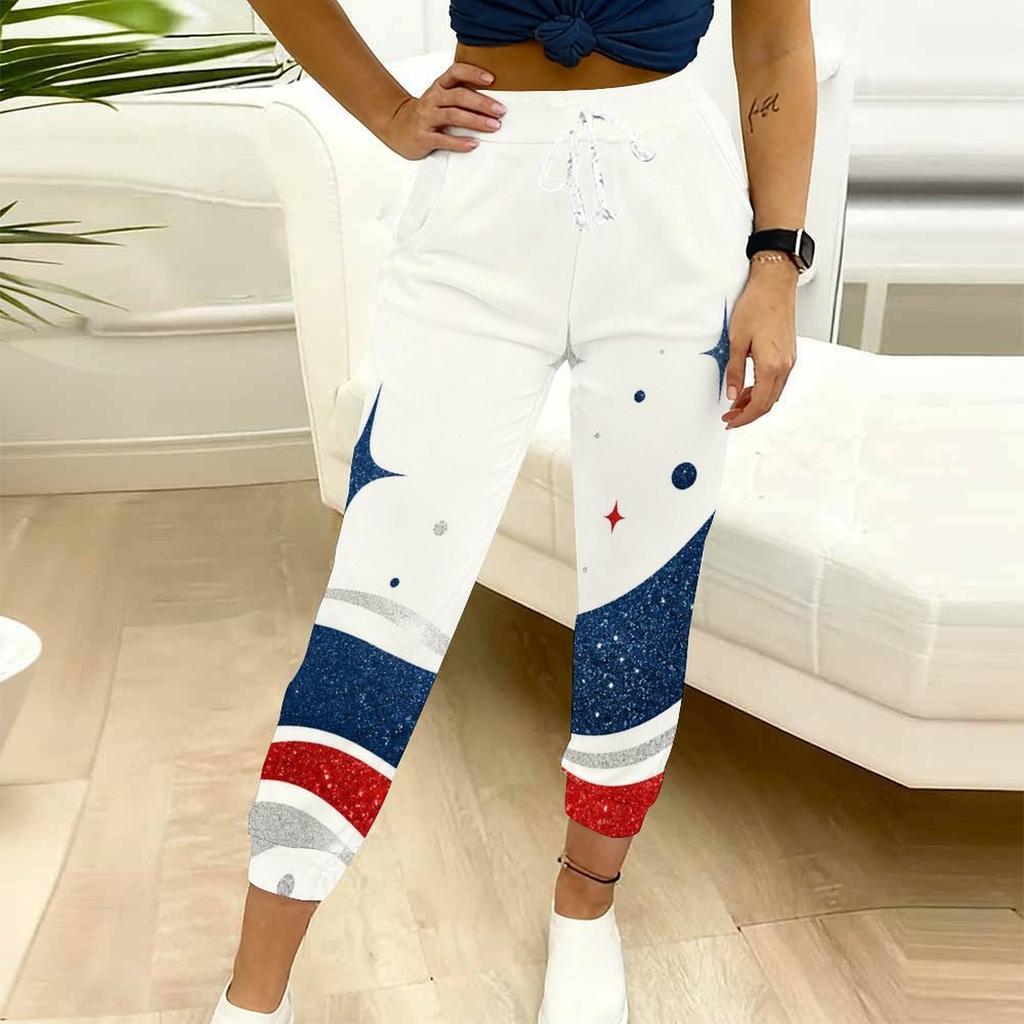 Women Plus Size Navy Blue Printed Jogger Pants Drawstring Waist Side Pockets Cuffed Ankle
