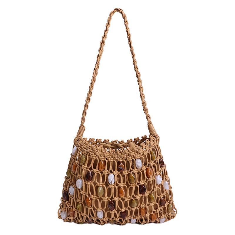2026 New Summer Boho Handmade Macrame Woven Bag for Women Hollow Out Colorful Beaded Shoulder Bag for Beach Vacation Daily Use