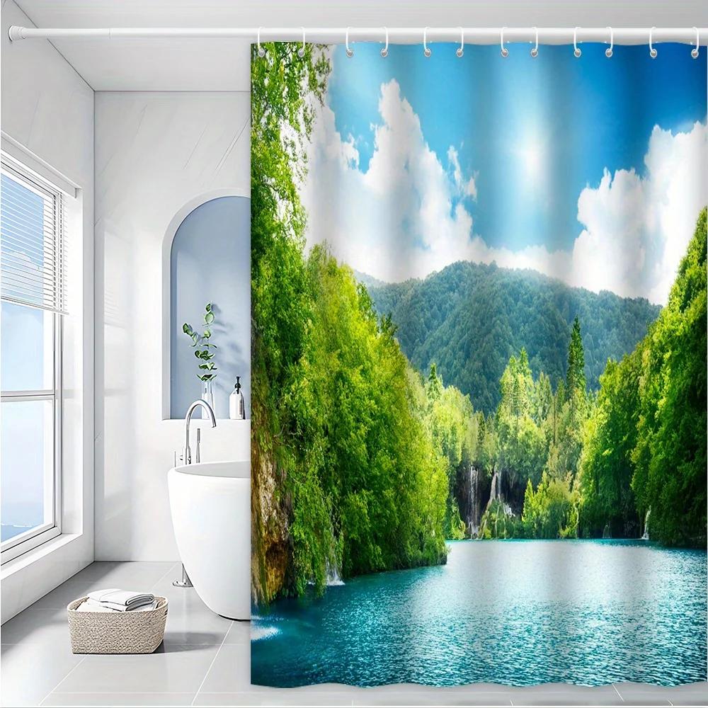 Scenic Lake Shower Curtain - Lush Forest & Clear Water Theme for Bathroom Decor, Adds Nature s Tranquility and Beauty 90X180cm