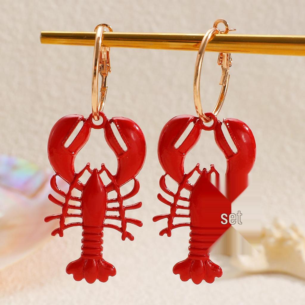European & American Beach Resort Alloy Drip Oil Red Lobster & Blue Crab Earrings for Women