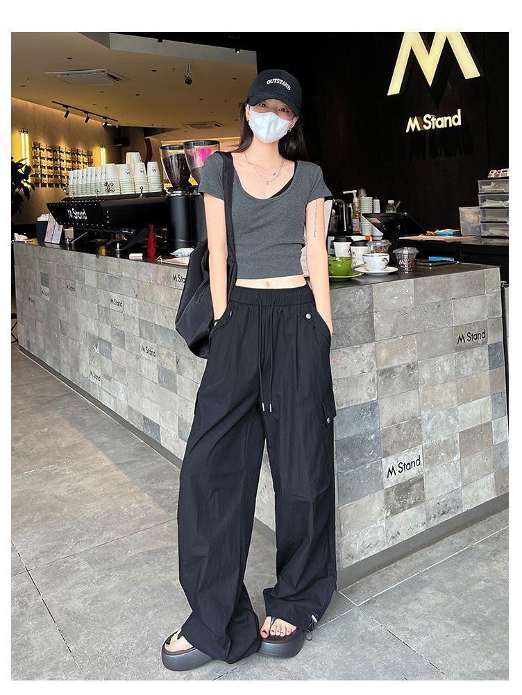 Women's American Spicy Girl Cargo Drawstring Wide Leg Casual Pants - Spring Loose Straight Leg Floor-Length Trousers