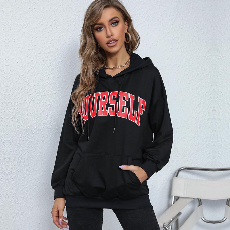 

Autumn Women Fashion Letter Print Hooded Loose Drawstring Sweatshirt S чёрный