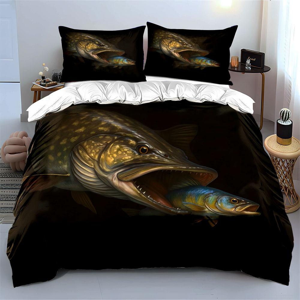 Peixe Grande Comendo Menor. Conjunto de Roupa de Cama Estampado 1 Capa de Edredom 2 Fronhas Para Adulto e Crianças Presente de Luxo Tamanho Completo
