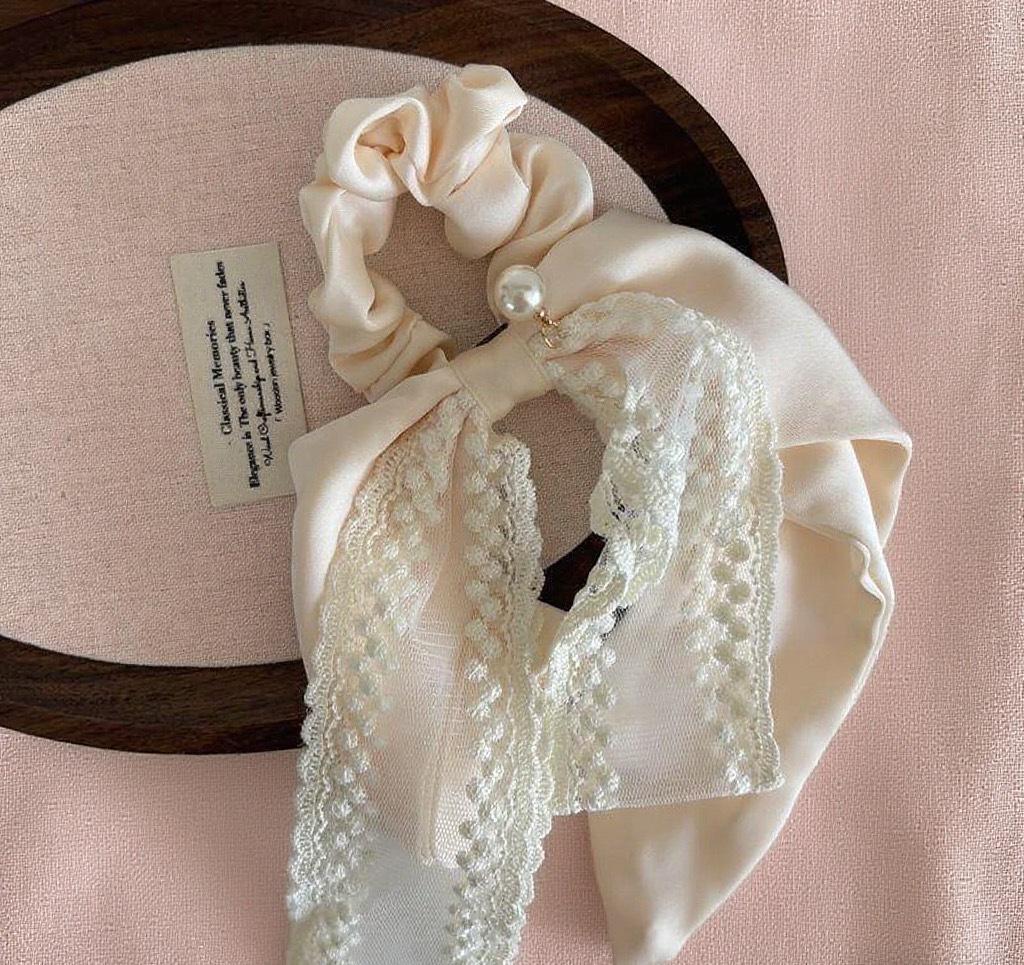Elegant Pearl Lace Bow Headband & Hair Tie Set for Women слоновая кость
