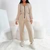 Women Casual Hooded Zipper Long Sleeve Sweatshirt Elastic Waist Straight Pants Two Piece Set
