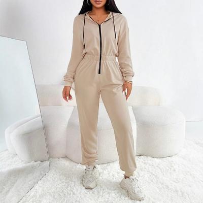 Women Casual Hooded Zipper Long Sleeve Sweatshirt Elastic Waist Straight Pants Two Piece Set