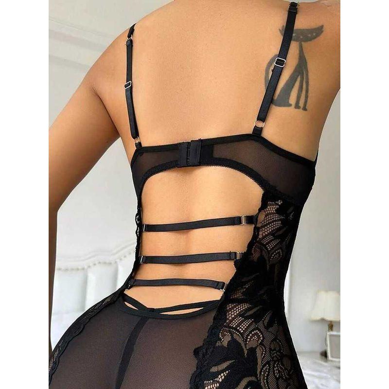 European and American Sexy Women clothes Lace Stitching Mesh Nightdress Set Lace Mesh Nightgown Set