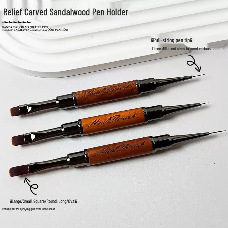 Dual-Ended Sandalwood Nail Art Brush with Japanese Base Coat for Painting, Lining, and Outlining