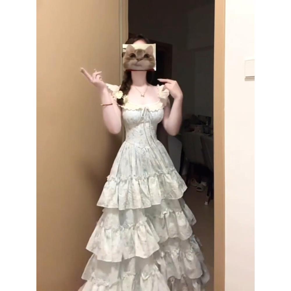 

Сладкое розовое цветочное платье девочка лето нежный ветер принцесса торт юбка пышная длинная юбка XL- (recommended 110-60kg) синий