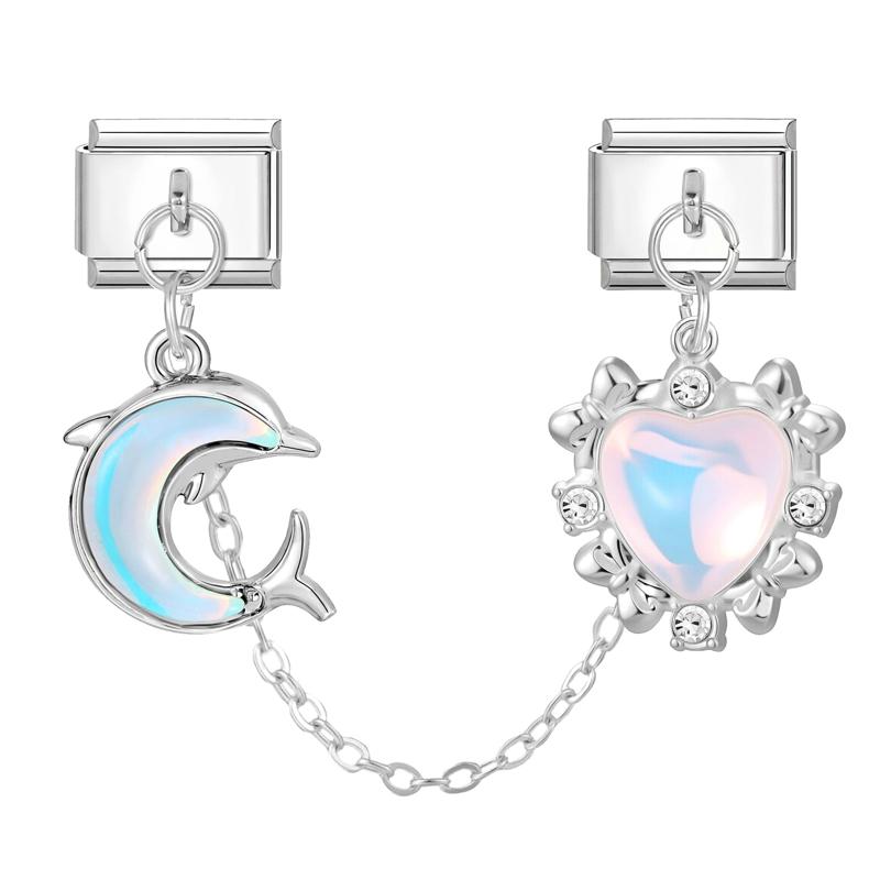Y2K Zircon Moon Bow Star Pink Heart Tassel Chain Italian Charm Links Fit 9MM Stainless Steel Bracelet Women DIY Making Jewelry