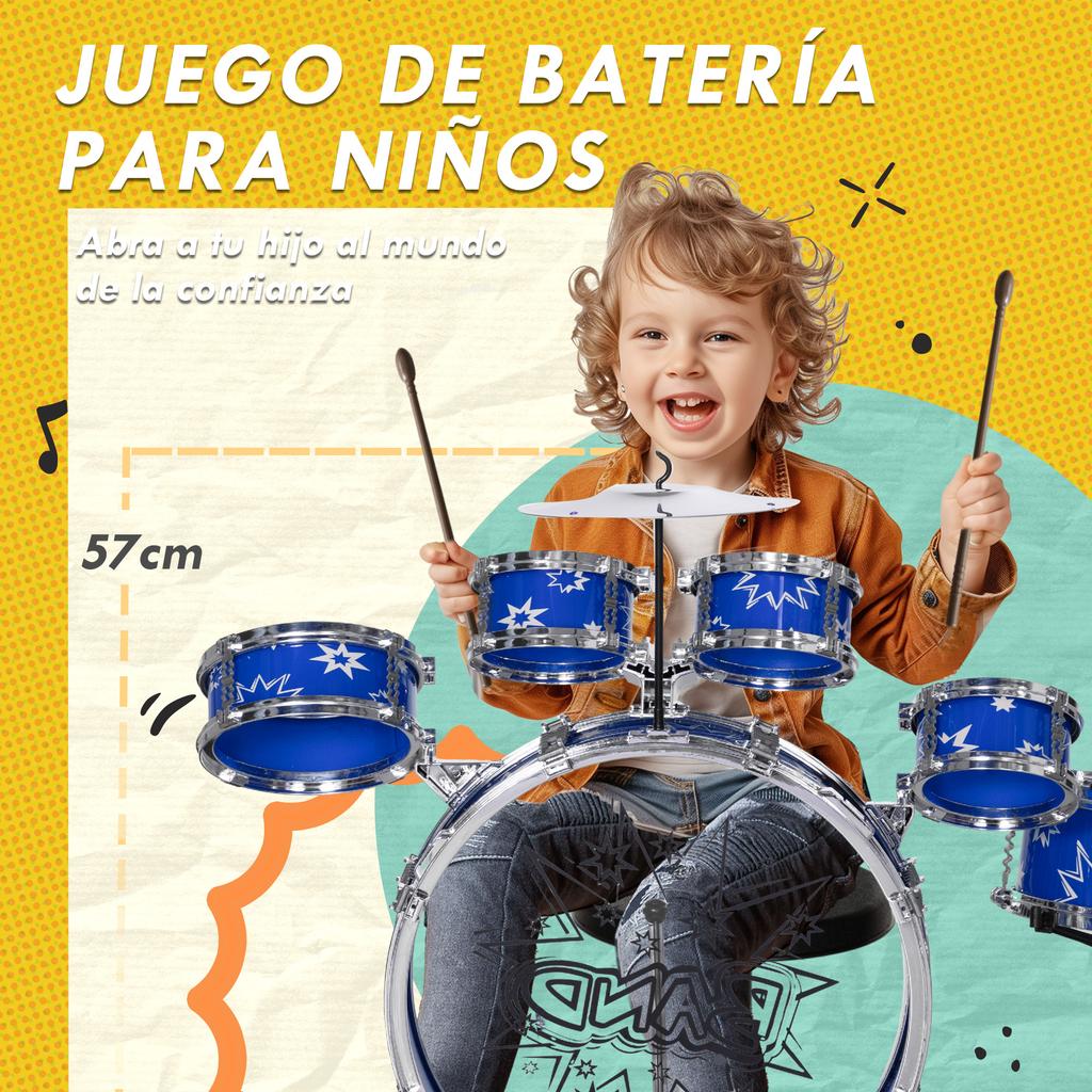 Drum Set for Children +3 Years with Drums, Bass Drum, Cymbal, Pedal and Drumsticks Star Theme Design 65x22x57 cm Blue