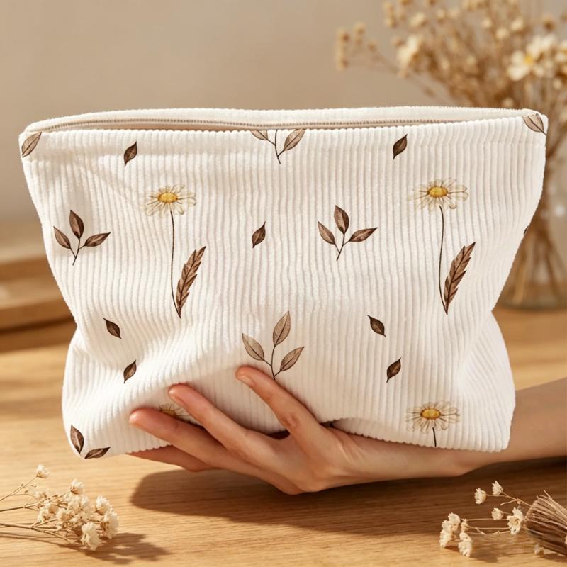 Multi-Functional Corduroy Cosmetic Bag with Daisy Print Soft Floral Pouch for Makeup Organizer and Daily Essentials Storage