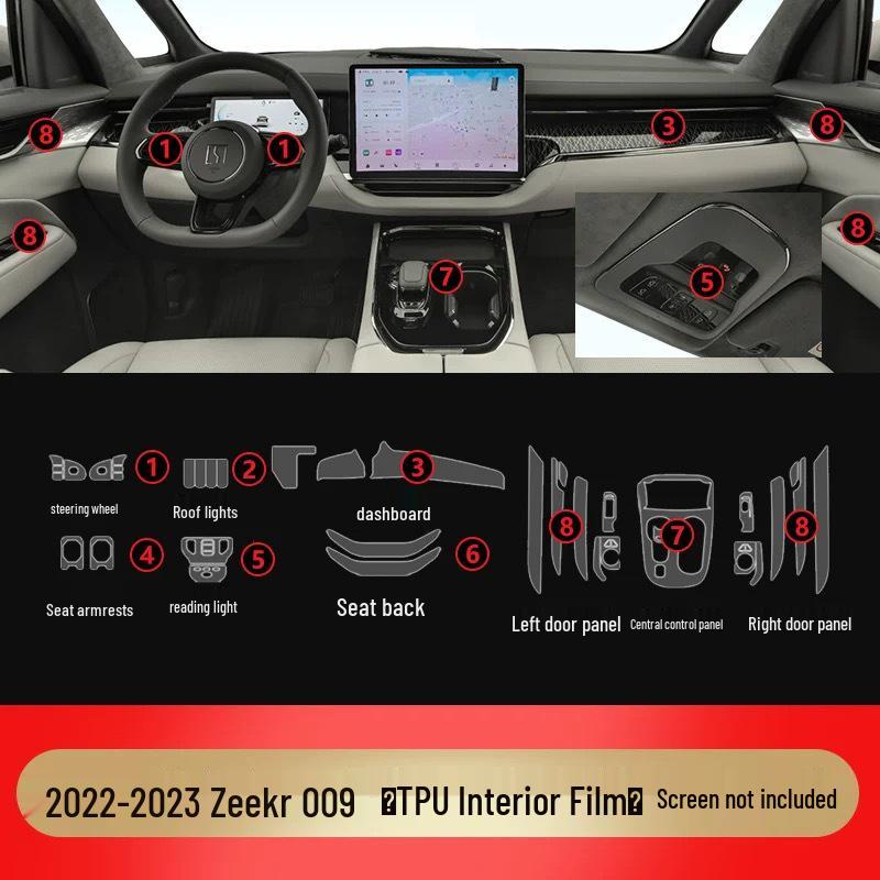 Zeekr 009 Interior & Dashboard Protective Films - 25 Model Compatibility, TPU HD Films for Navigation Screen & Gear Shift Headlight