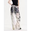 JYL Women's Straight Jeans American Vintage Graffiti Punk Wasteland Dirty Denim Pants