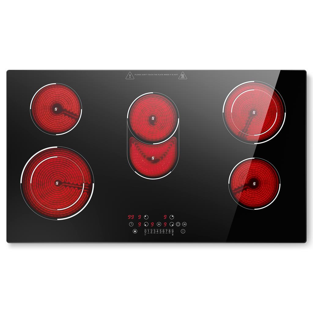 Glass Ceramic Hob, 5 Plates, 8400 W, Hob 90 Cm, with Oval Zone for Roasting Dish and Two Double Ring Zones, Touch Control