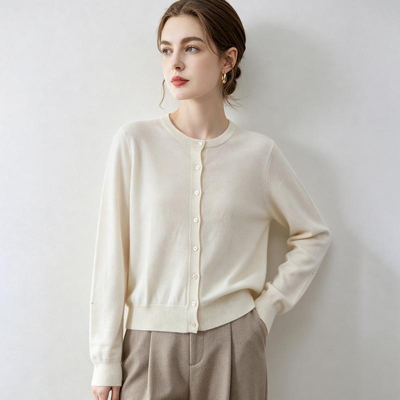 Lekasha Women's 100% Wool Round Neck Long Sleeve Cardigan