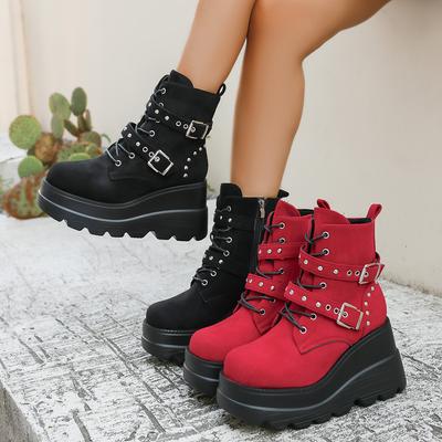 Mode Damen Stiefeletten Stilvoll Punk Chic Plateau Keilabsatz Stiefel Damen Schnürstiefeletten Knöchelhoch Bequem Vielseitige Schuhe Damen