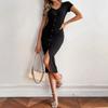2026 European and American Women's Clothing New Solid Color Black Slim Split Temperament Commuter Dress Women