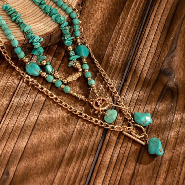 Adjustable Geometric Turquoise Beaded Necklace Multi Layered Clavicle Chain Neck Jewelry for Stylish Outfits