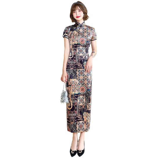 Lady Petticoats Übergröße Damen Cheongsam Blumendruck Schlank Kurzarm Splits Midikleid für Party