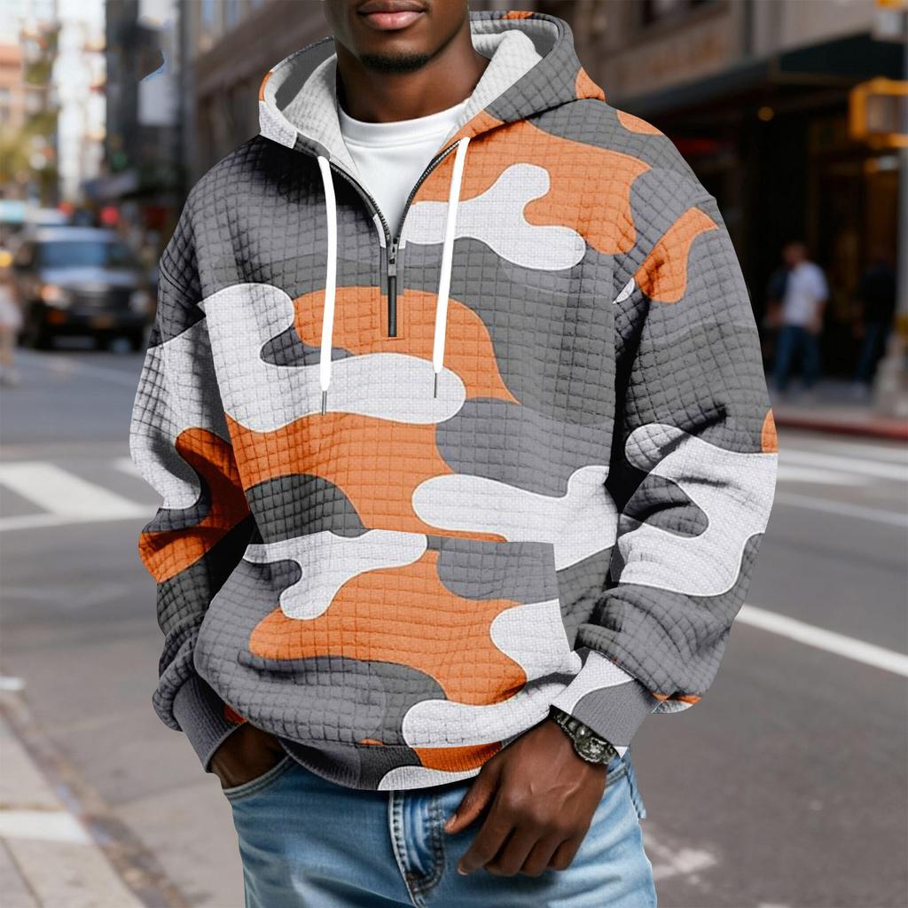 Pánská kostkovaná mikina přes hlavu s kapucí na poloviční zip se stahovací šňůrkou a potiskem, ležérní sportovní mikina