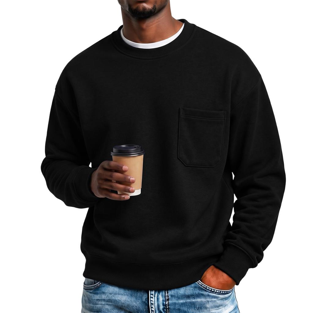 Men's Color -Lined Long Sleeve Neck Sweatshirt with Pocket for Fall and Winter