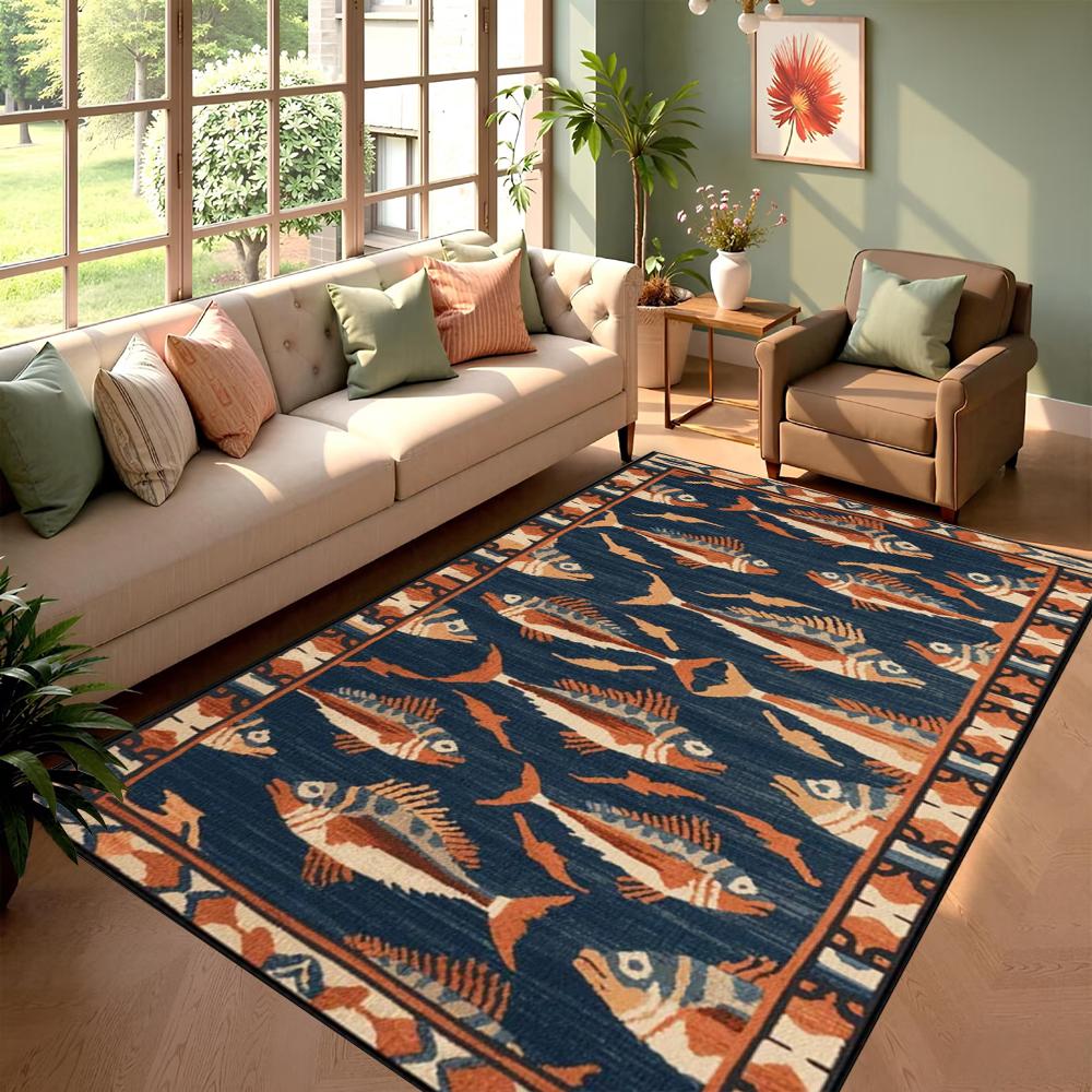 Ocean Fish Carpet Rug Home Decoration Nautical Sea Marine Floor Mat Living Room Hallway Bedroom Tribal Blue Patterns