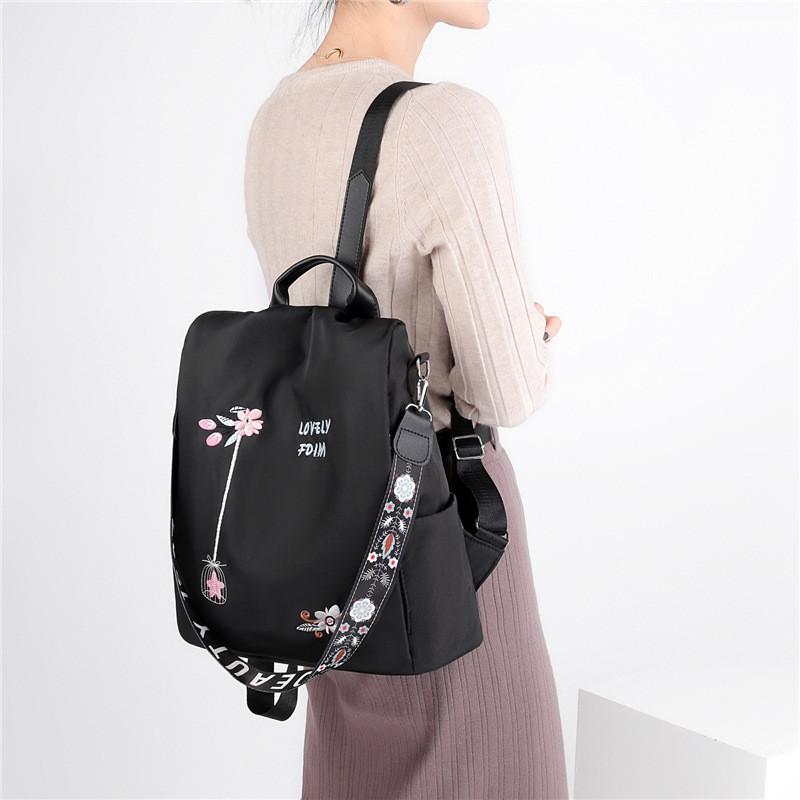Floral Embroidered Double Backpack Large Capacity Women's Bag Oxford Fabric Blue Black Khaki
