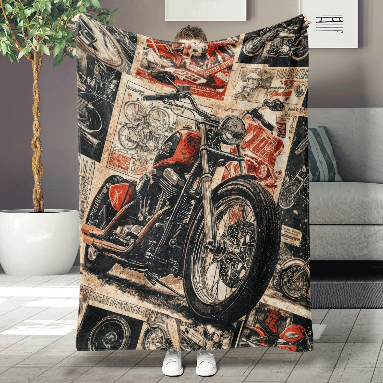 

Retro collage motorcycle theme Flannel printed blanket suitable for all seasons suitable for living room office sofa and travel 75x90cm