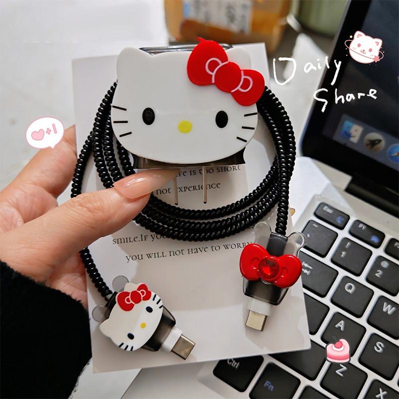 Leopard Print Hello Kitty Data Cable Protective Sleeve For Iphone 17 16 15 18/20W Charger Head Protector Cover Anti-Break Rope