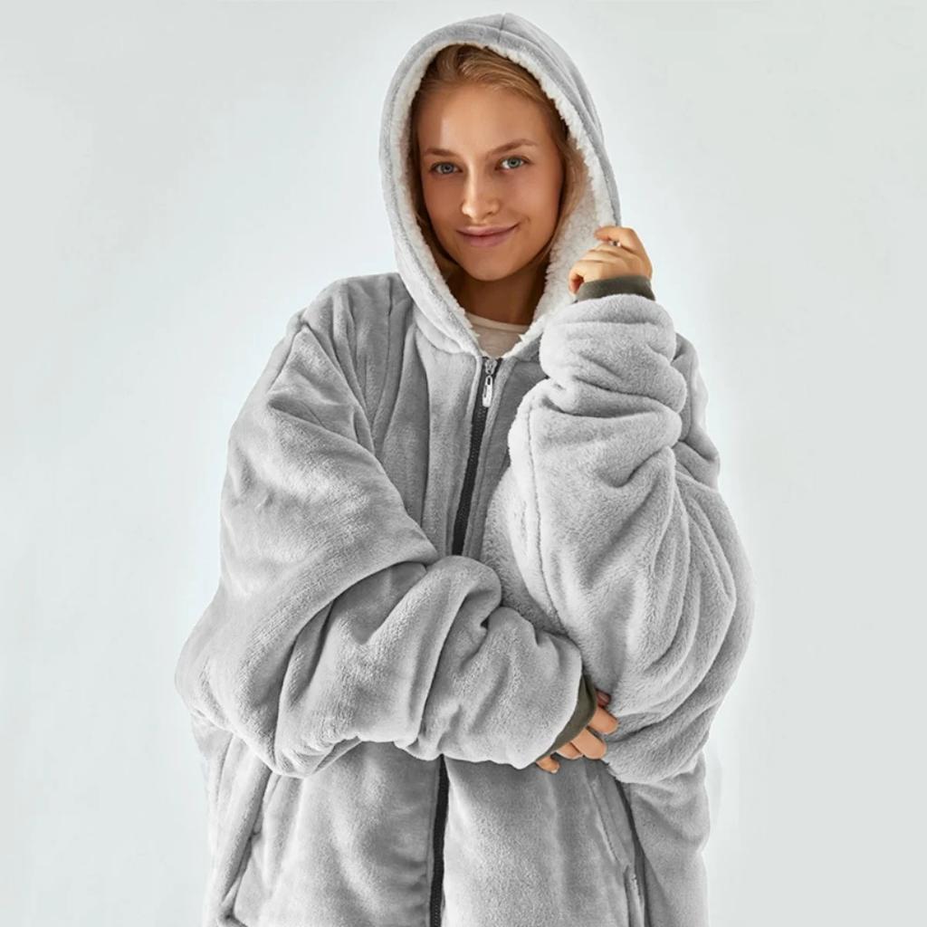 Dicker Schlafanzug Faule Kleidung Reißverschluss zum einfachen An- und Ausziehen Fleecejacke mit Kapuze TV-Decke Kälteisolierende Decke für draußen