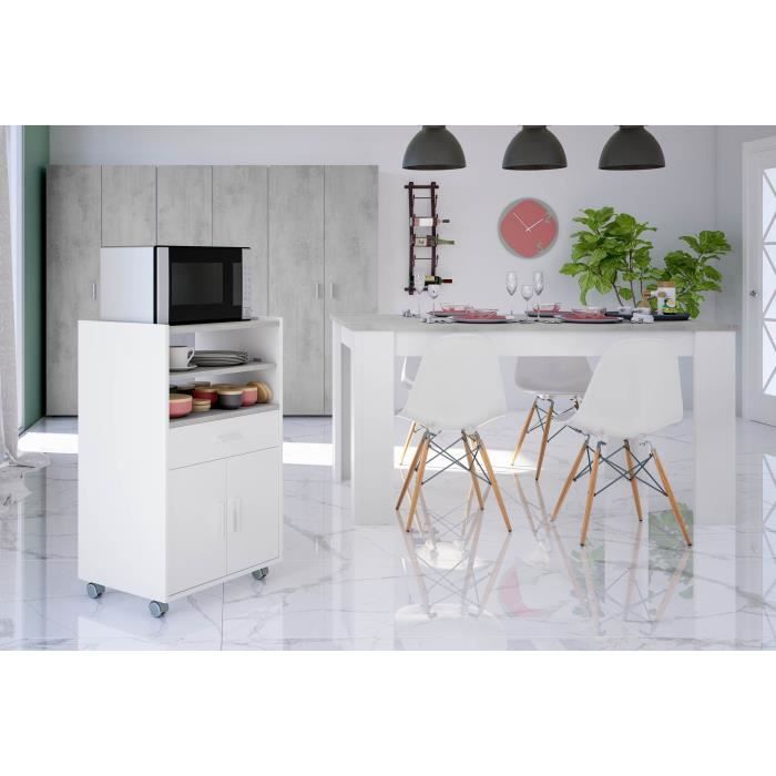 Meuble Micro-ondes TIDY - Blanc Artik Béton - 2 Portes + 1 Tiroir - L92 X H59 X P40 Cm