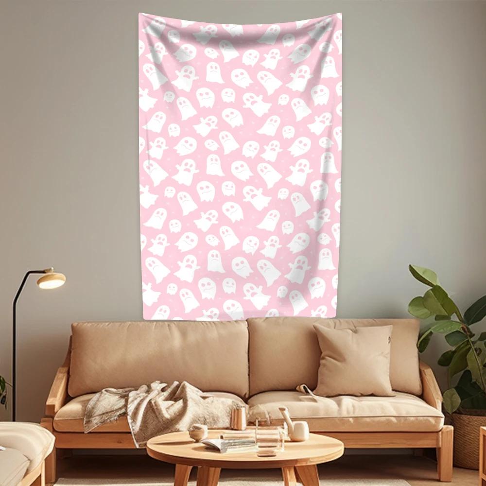 Cute Halloween Tapestry Pink Skull Pumpkin Home Decor Aesthetics Festivals Gift Living Room Party Backdround Cloth Sofa Blanket